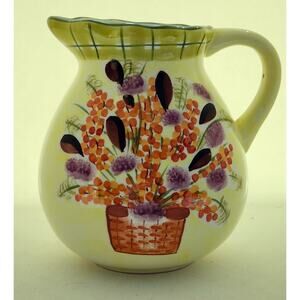 PITCHER-FLOWER VASE-Large-Ceramic-Yellow-Green-Basket of Flowers-Shelf Decor